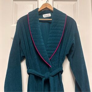 VANITY FAIR Vintage Teal  Velvet Fleece Robe Lounge Coat Collar Belt M. NWOT